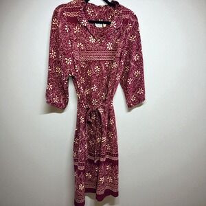 Vintage Lorac Original Floral‎ Dress Burgundy Beige 3/4 Sleeve Tie Neck